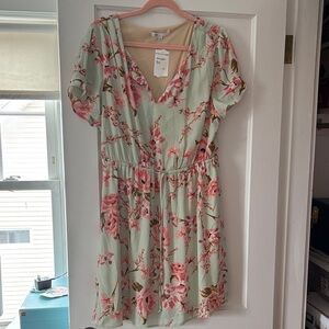 DR2 Mint Floral V-Neck Mini Dress with Pink Blooms